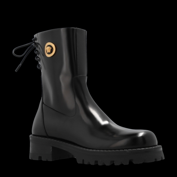 Versace Black Combat Boots with Gold Medallion - Picture 7 of 9